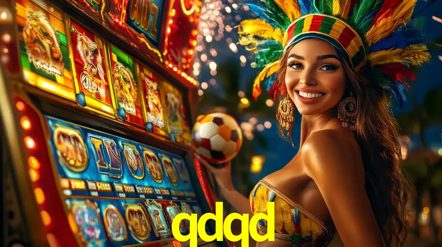 Mulher com um cocar de carnaval ao lado de uma máquina de caça-níqueis enquanto segura uma bola de futebol, mostrando a união da diversão de cassino e esportes no qdqd.