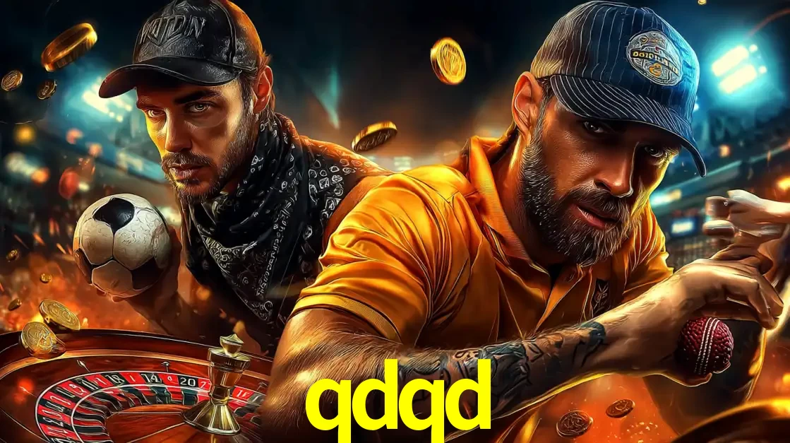 Montagem de apostas esportivas e cassino no qdqd, com um homem segurando uma bola de futebol e outro uma de beisebol sobre uma roleta e moedas voadoras.