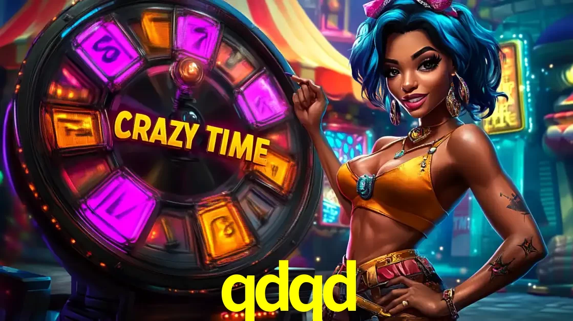 Mulher estilizada com cabelo azul e visual vibrante posando ao lado da roda de prêmios do game show Crazy Time, convidando para a diversão e os bônus do cassino qdqd.