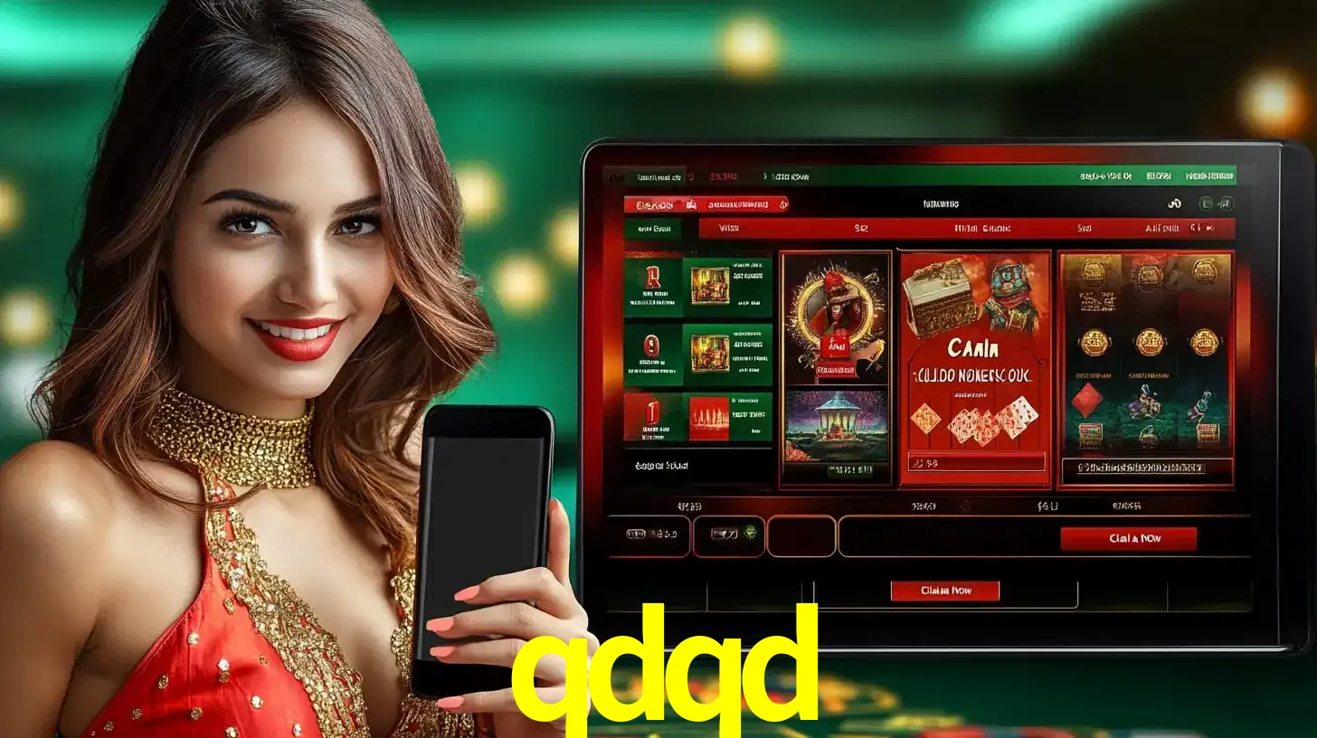 Mulher sorridente segurando um smartphone, ao lado de uma tela exibindo o lobby de jogos do cassino online qdqd, com várias opções de jogos de cartas e slots.